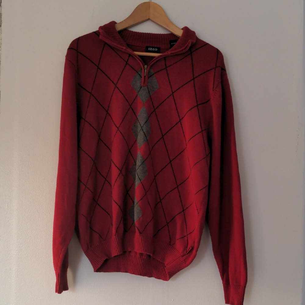 Izod Sweater Mens Medium Red 1/4 Zip Geometric 100% Cotton Long Sleeve Dadcore